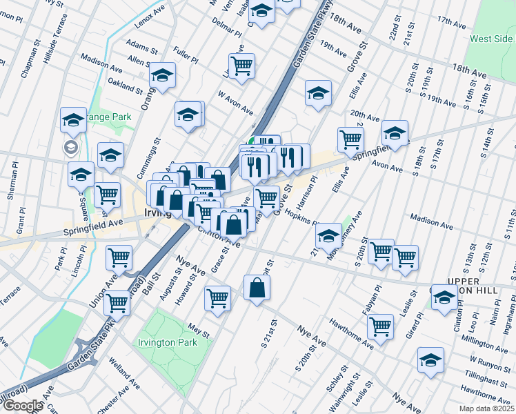map of restaurants, bars, coffee shops, grocery stores, and more near 45 Maple Avenue in Irvington