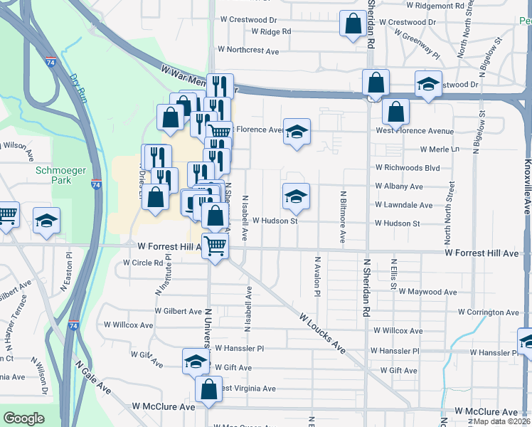 map of restaurants, bars, coffee shops, grocery stores, and more near 3203 North Parish Avenue in Peoria
