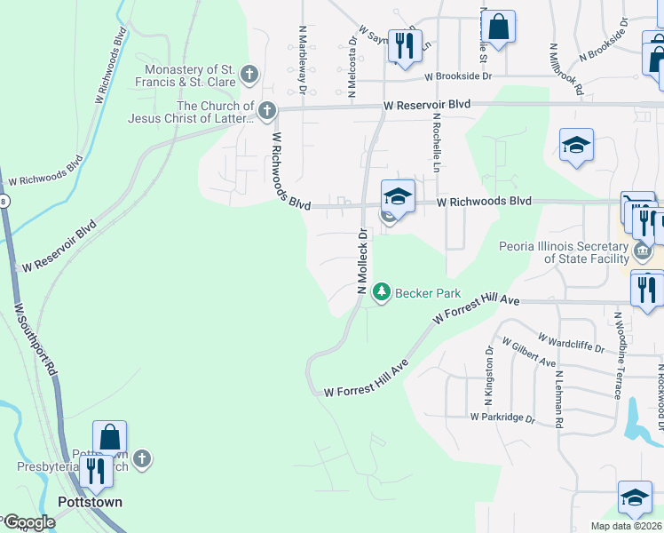 map of restaurants, bars, coffee shops, grocery stores, and more near 3428 Dorchester Ridge in Peoria