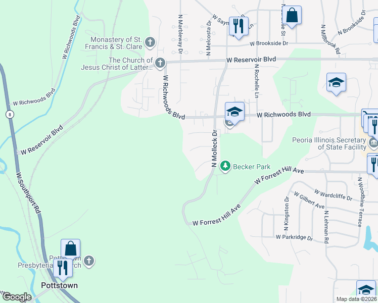 map of restaurants, bars, coffee shops, grocery stores, and more near 3428 Dorchester Ridge in Peoria