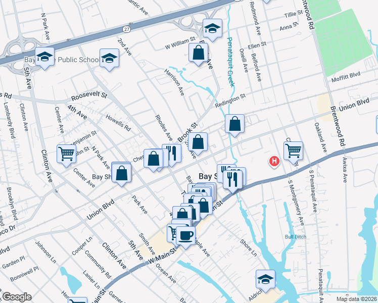 map of restaurants, bars, coffee shops, grocery stores, and more near 52 2nd Avenue in Bay Shore