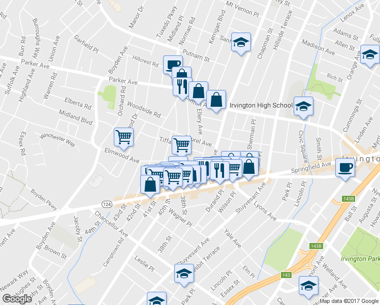 map of restaurants, bars, coffee shops, grocery stores, and more near 23 Tiffany Place in Irvington