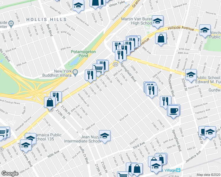 map of restaurants, bars, coffee shops, grocery stores, and more near 89-27 217th Street in Queens