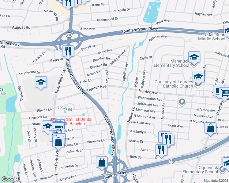 map of restaurants, bars, coffee shops, grocery stores, and more near 71 Thoreau Road in North Babylon
