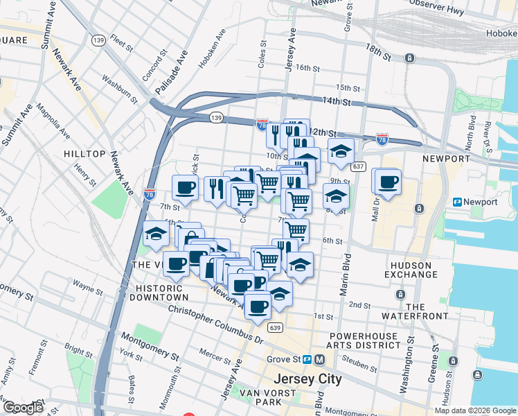 map of restaurants, bars, coffee shops, grocery stores, and more near 285 8th Street in Jersey City