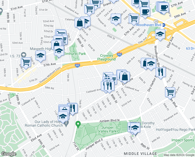 map of restaurants, bars, coffee shops, grocery stores, and more near 79-08 58th Avenue in Queens