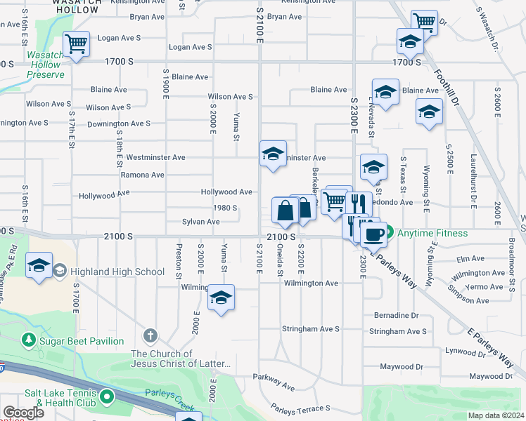 map of restaurants, bars, coffee shops, grocery stores, and more near 1997 2100 East in Salt Lake City