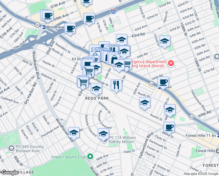 map of restaurants, bars, coffee shops, grocery stores, and more near 64-86 Wetherole Street in Queens