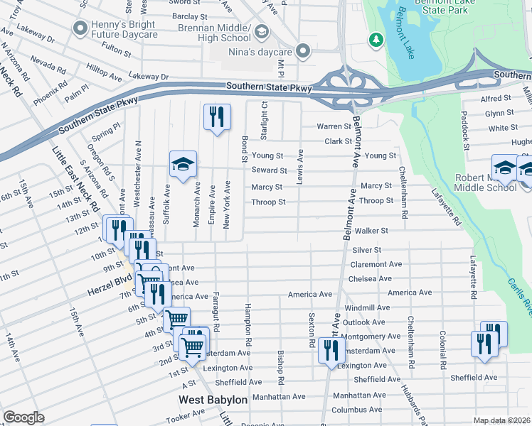 map of restaurants, bars, coffee shops, grocery stores, and more near 157 Van Buren Street in West Babylon