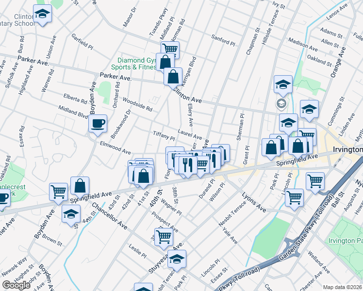 map of restaurants, bars, coffee shops, grocery stores, and more near 23 Tiffany Place in Irvington