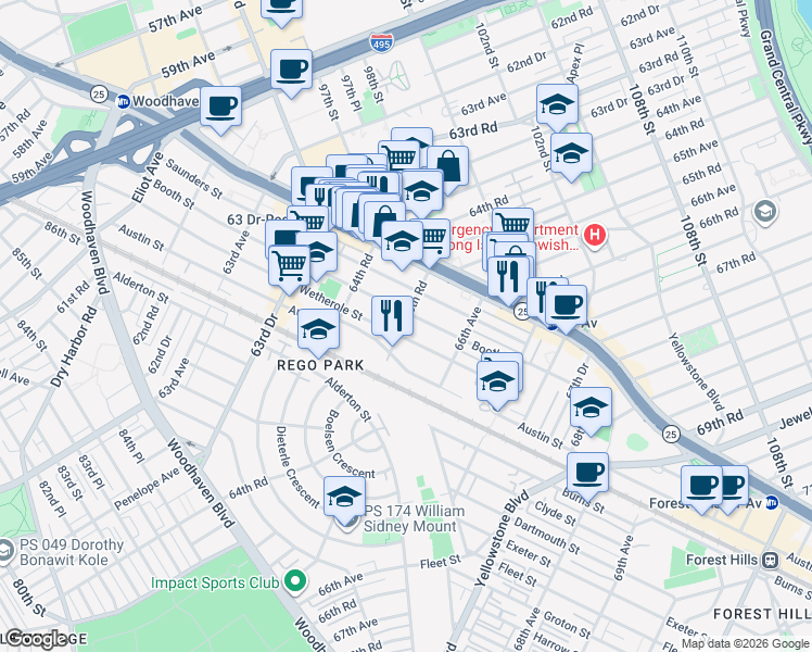 map of restaurants, bars, coffee shops, grocery stores, and more near 65-47 Wetherole Street in Queens