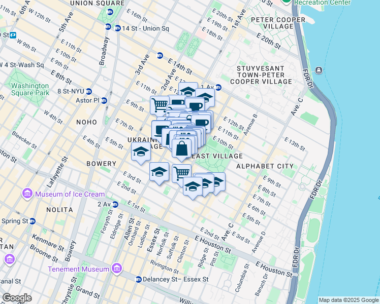 map of restaurants, bars, coffee shops, grocery stores, and more near 113 East 7th Street in New York