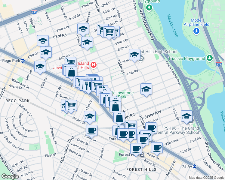 map of restaurants, bars, coffee shops, grocery stores, and more near 67-70 Yellowstone Boulevard in Queens