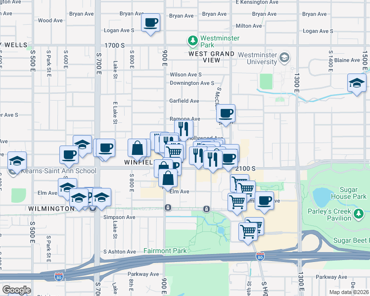 map of restaurants, bars, coffee shops, grocery stores, and more near 1995 South Lincoln Street in Salt Lake City