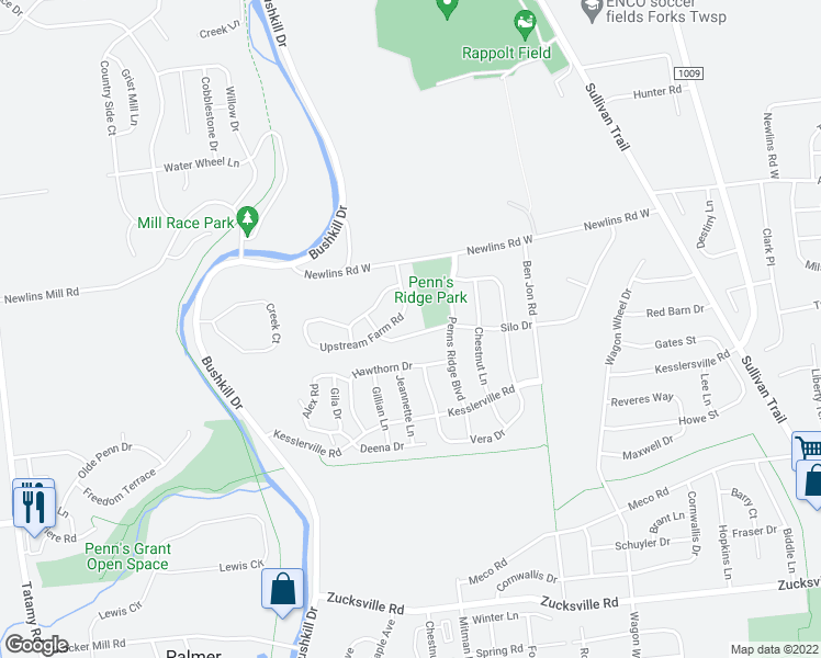 map of restaurants, bars, coffee shops, grocery stores, and more near 1335 Silo Drive in Easton