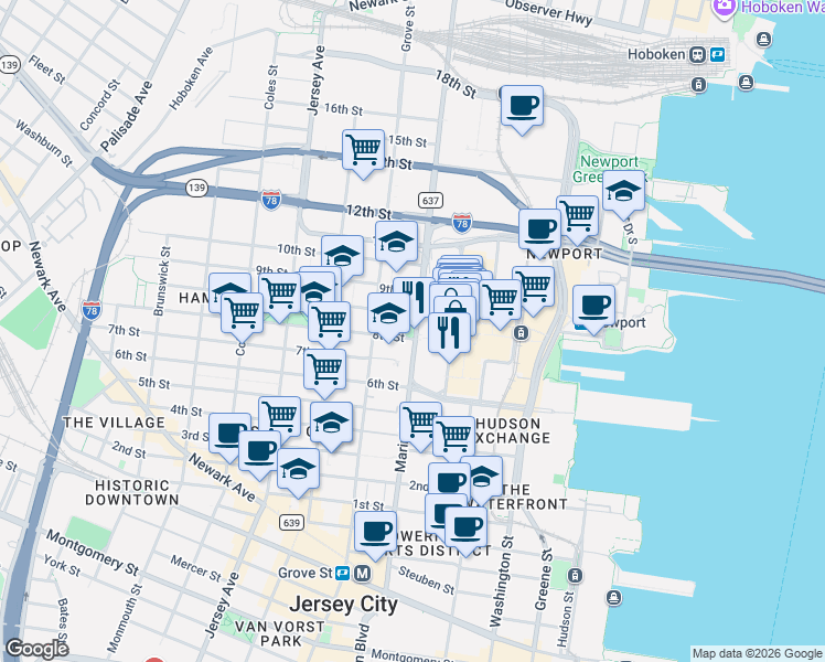 map of restaurants, bars, coffee shops, grocery stores, and more near in Jersey City