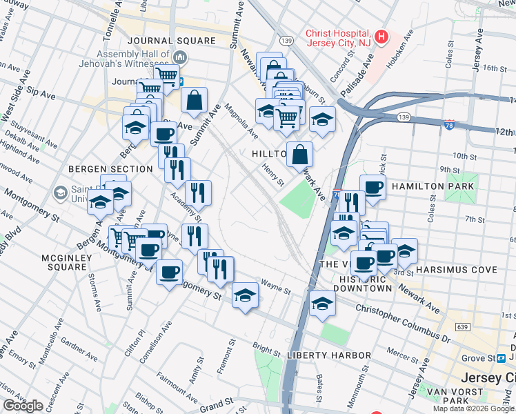 map of restaurants, bars, coffee shops, grocery stores, and more near 20 Trenton Street in Jersey City