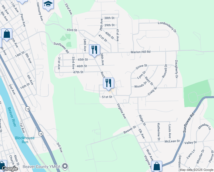 map of restaurants, bars, coffee shops, grocery stores, and more near 4902 Rochester Road in New Brighton