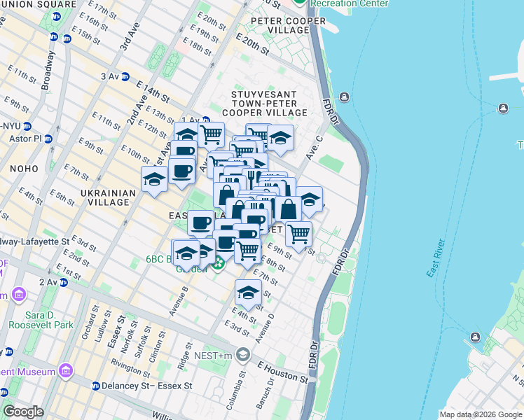 map of restaurants, bars, coffee shops, grocery stores, and more near 375 East 10th Street in New York
