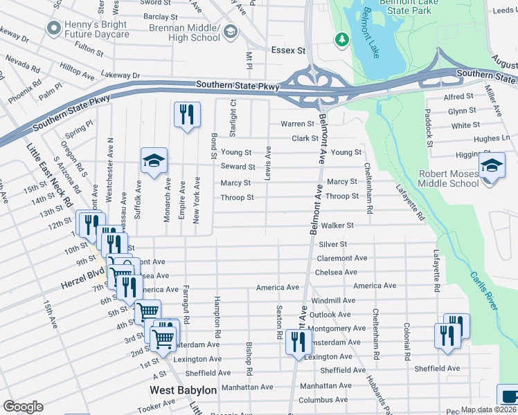 map of restaurants, bars, coffee shops, grocery stores, and more near 170 Van Buren Street in West Babylon