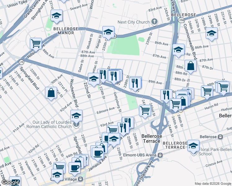 map of restaurants, bars, coffee shops, grocery stores, and more near 92-27 Gettysburg Street in Queens