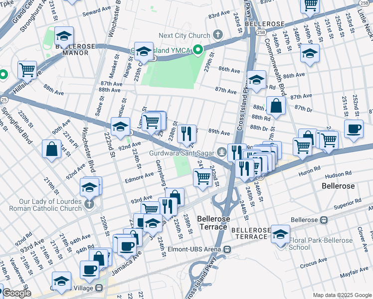 map of restaurants, bars, coffee shops, grocery stores, and more near 89-53 240th Street in Queens