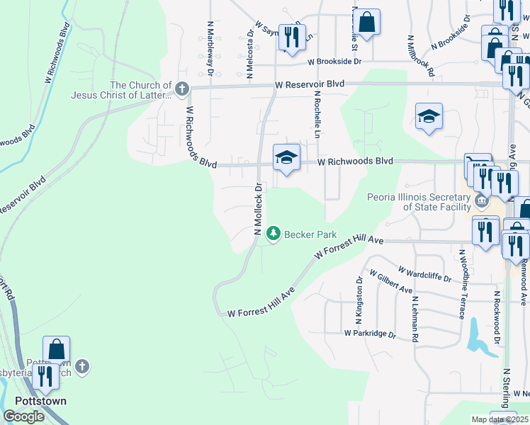 map of restaurants, bars, coffee shops, grocery stores, and more near 3113 North Molleck Drive in Peoria