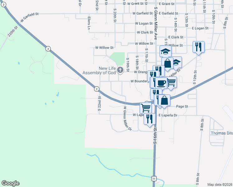 map of restaurants, bars, coffee shops, grocery stores, and more near 1198 South 21st Street in Clarinda