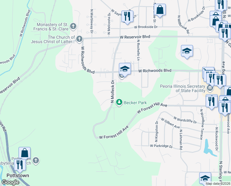 map of restaurants, bars, coffee shops, grocery stores, and more near 3108 North Molleck Drive in Peoria