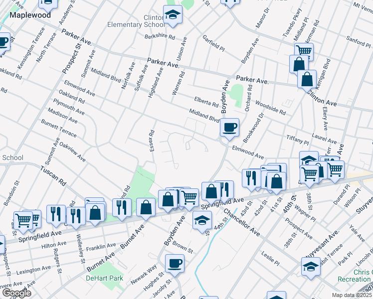 map of restaurants, bars, coffee shops, grocery stores, and more near Winchester Way in Maplewood