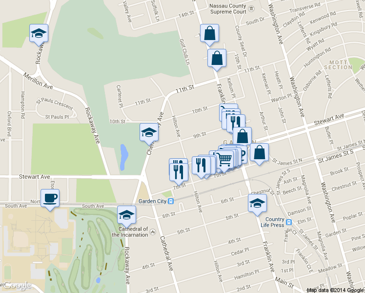 map of restaurants, bars, coffee shops, grocery stores, and more near 113 Hilton Avenue in Garden City