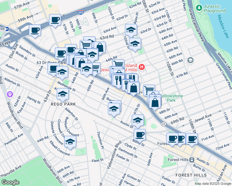 map of restaurants, bars, coffee shops, grocery stores, and more near 66-28 Saunders Street in Queens