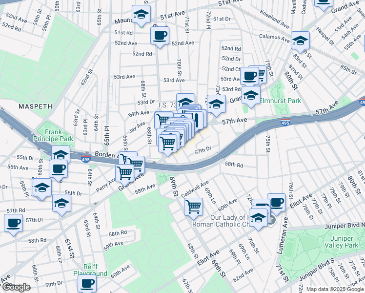map of restaurants, bars, coffee shops, grocery stores, and more near 69-63 57th Drive in Queens