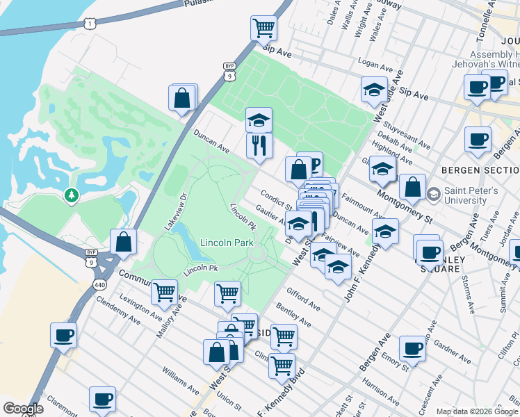 map of restaurants, bars, coffee shops, grocery stores, and more near 63 Gautier Avenue in Jersey City