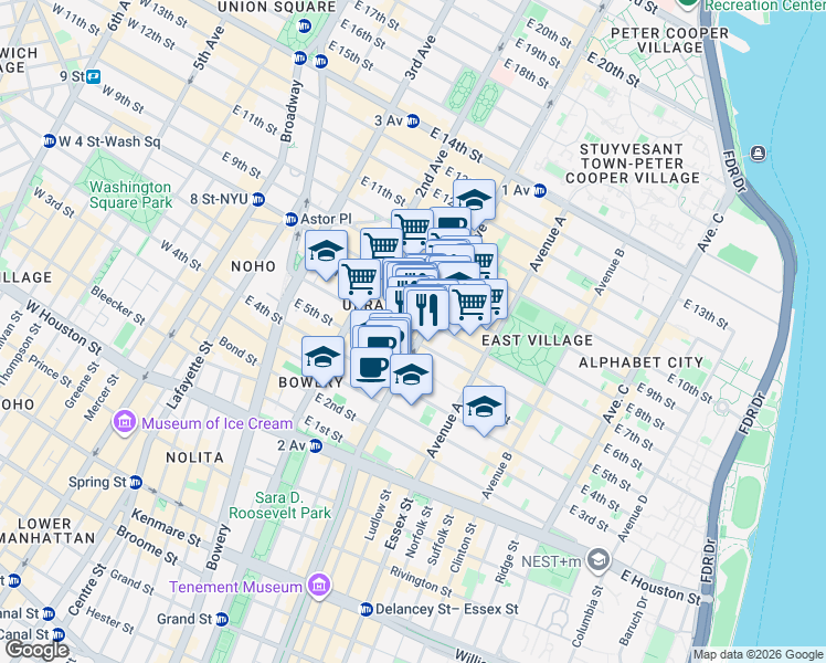 map of restaurants, bars, coffee shops, grocery stores, and more near 117 1st Avenue in New York