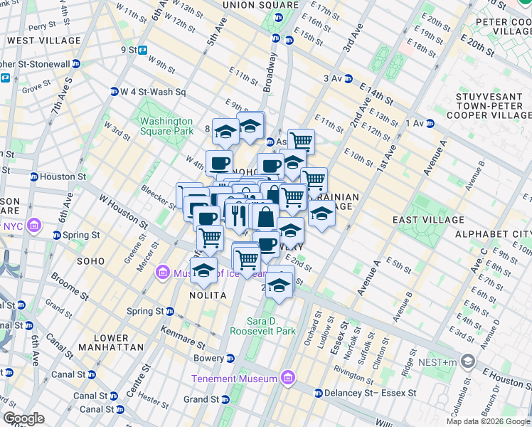 map of restaurants, bars, coffee shops, grocery stores, and more near 357 Bowery in New York
