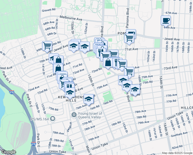 map of restaurants, bars, coffee shops, grocery stores, and more near 150-22 72nd Drive in Queens
