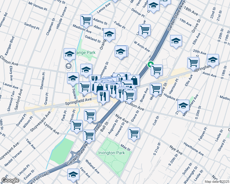 map of restaurants, bars, coffee shops, grocery stores, and more near in Irvington