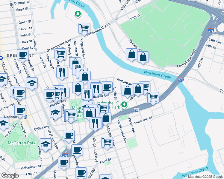 map of restaurants, bars, coffee shops, grocery stores, and more near 321 Nassau Avenue in Brooklyn