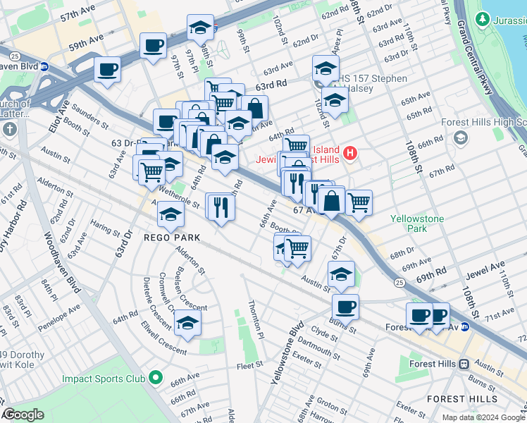map of restaurants, bars, coffee shops, grocery stores, and more near 96-09 66th Avenue in Queens
