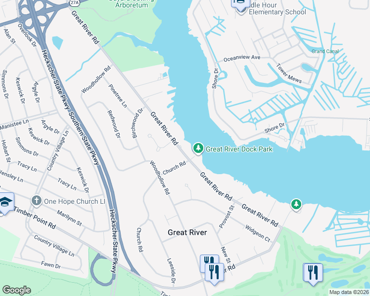map of restaurants, bars, coffee shops, grocery stores, and more near 301 Great River Road in Great River