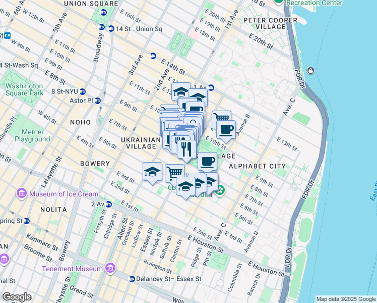 map of restaurants, bars, coffee shops, grocery stores, and more near 148 Saint Marks Place in New York