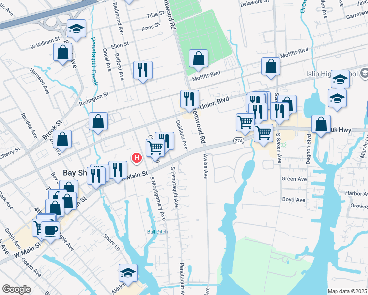 map of restaurants, bars, coffee shops, grocery stores, and more near 375 East Main Street in Bay Shore