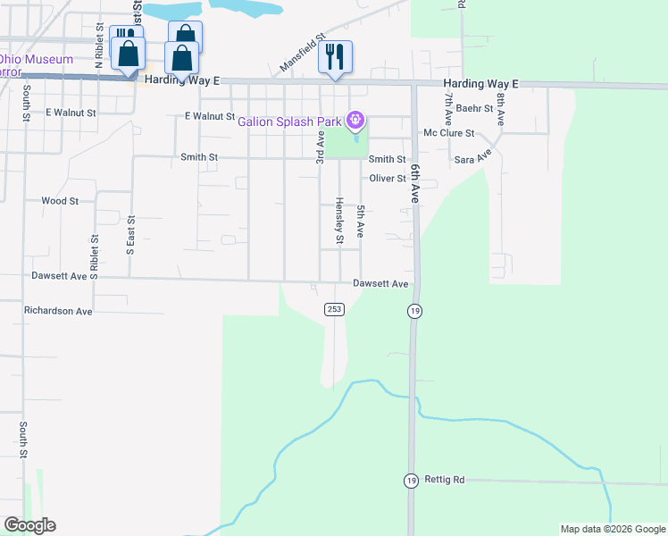 map of restaurants, bars, coffee shops, grocery stores, and more near 520 Hensley Street in Galion