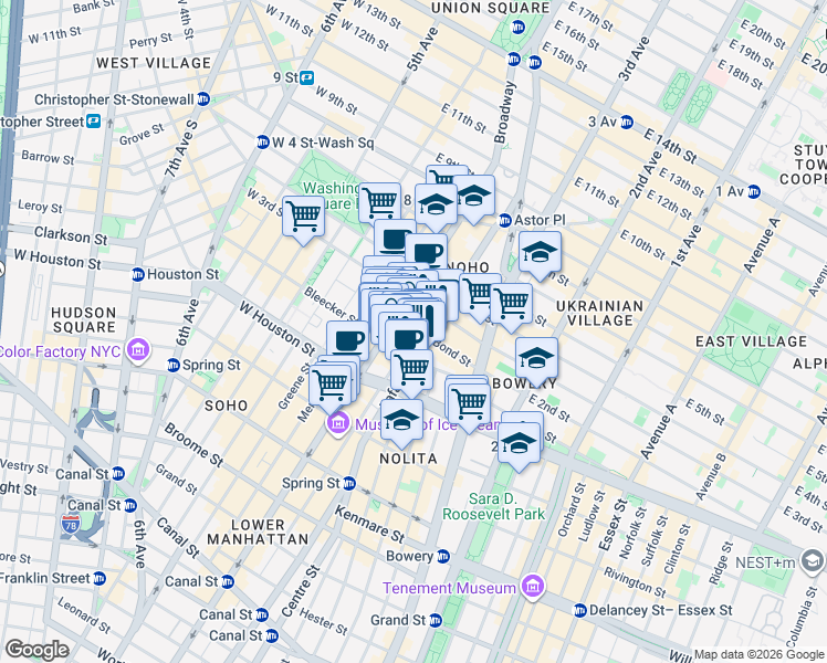 map of restaurants, bars, coffee shops, grocery stores, and more near 653 Broadway in New York