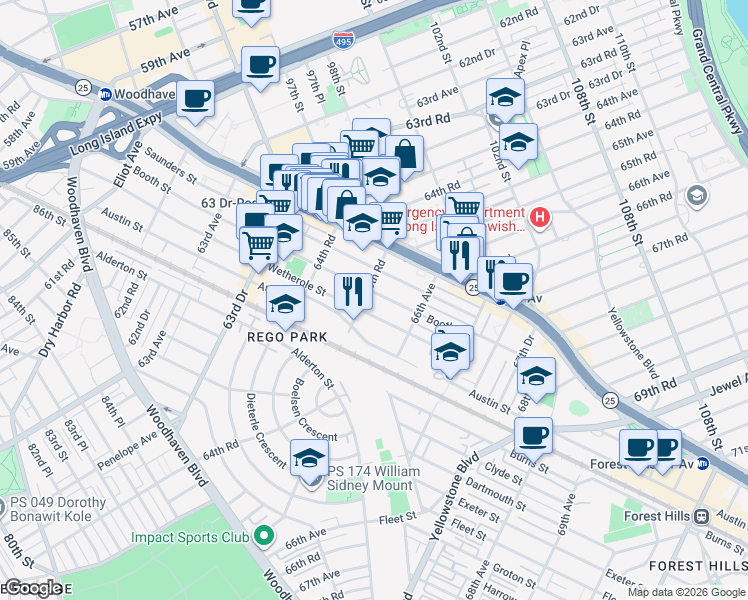 map of restaurants, bars, coffee shops, grocery stores, and more near 65-38 Booth Street in Queens