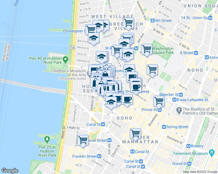 map of restaurants, bars, coffee shops, grocery stores, and more near 233 Spring Street in New York