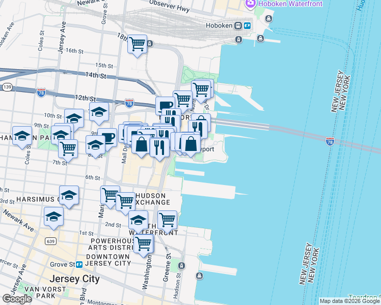 map of restaurants, bars, coffee shops, grocery stores, and more near in Jersey City