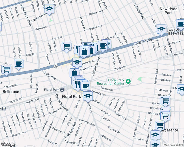 map of restaurants, bars, coffee shops, grocery stores, and more near 60 Plainfield Avenue in Floral Park