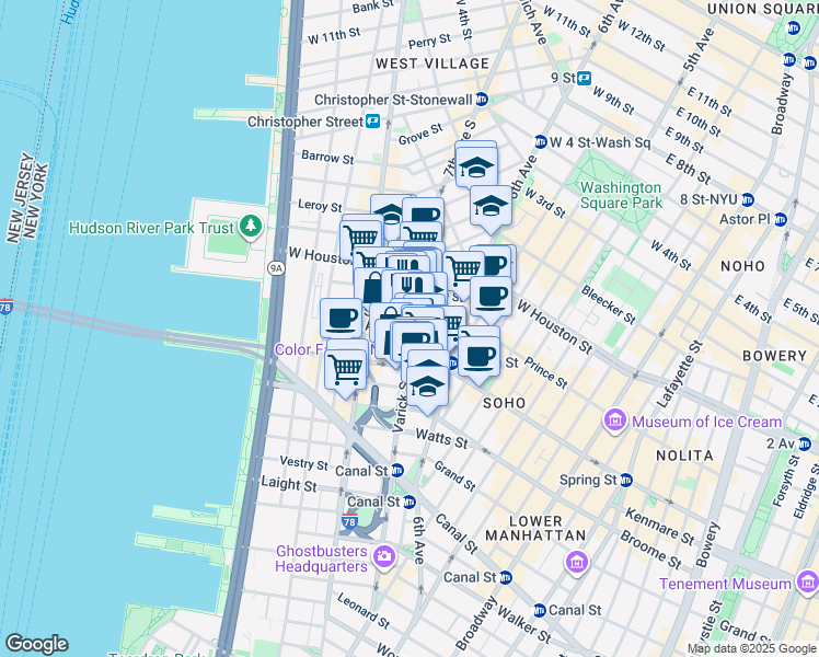map of restaurants, bars, coffee shops, grocery stores, and more near 160 Varick Street in New York